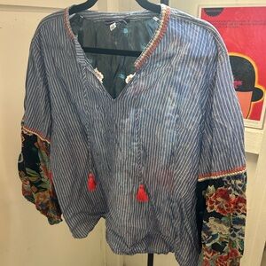 Johnny Was Blue Striped Shirt with Floral Sleeves